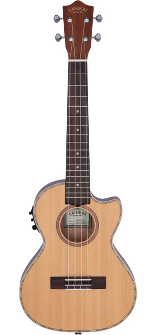 The Lanikai CDST-CET Concert Ukulele features a solid cedar top for warm, resonant tone and laminated mahogany back and sides for added depth and projection. Equipped with a cutaway for upper fret access and a built-in Kula preamp system, it delivers clear, natural amplified sound. This model offers smooth playability, elegant binding, and professional performance features ideal for both stage and studio use.
