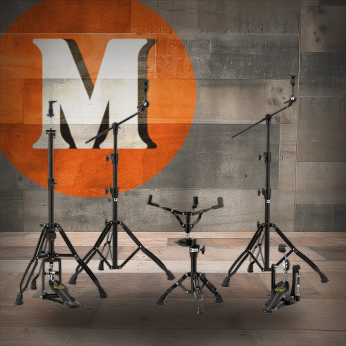 Mapex HP8005EB Armory 800 Series Hardware Pack â€“ Black Plated finish, includes hi-hat stand, snare stand, bass drum pedal, and two boom cymbal stands with heavy-duty double-braced legs