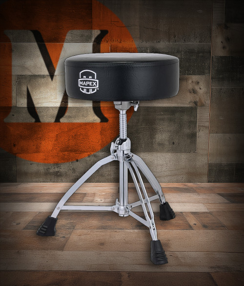 Mapex T850 Double-Braced 3-Leg Drum Throne with Black Leather Round Cushion – heavy-duty adjustable seat with padded top, threaded spindle, and stable chrome base