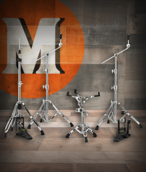 Mapex HP8005 Armory 800 Series Hardware Pack â€“ includes two boom cymbal stands, hi-hat stand, snare stand, and single bass drum pedal with heavy-duty double-braced chrome construction