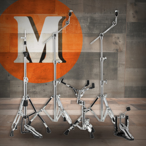Mapex HP6005 Mars 600 Series Hardware Pack â€“ complete drum hardware set with hi-hat stand, snare stand, bass drum pedal, and two boom cymbal stands with double-braced chrome legs