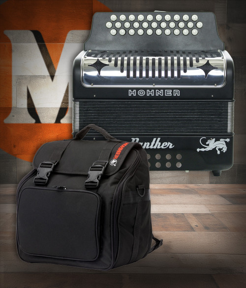 Hohner Panther Diatonic Accordion FBbEb w/ Gig Bag (3100FB) featuring a durable matte black finish, 31-button FBbEb tuning, responsive bellows, and an included padded gig bag for convenient transport.