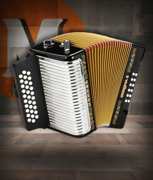 Hohner Corona II Accordion - 31 Treble / 12 Bass, Black Lacquer finish, plastic fingerboard, smooth bellows, and durable Hohner construction for professional Tex-Mex performance