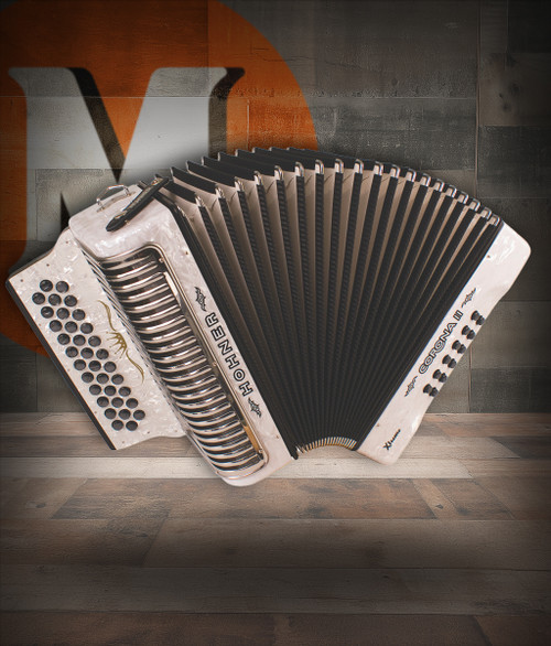 Hohner Corona II XTREME Accordion â€“ FBbEb, Pearl White finish, 31-button diatonic accordion featuring smooth bellows, responsive reeds, and premium craftsmanship for professional players