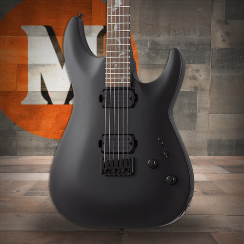 Schecter Damien 6 Platinum Electric Guitar in Black finish - B-Stock model featuring EMG pickups, gothic cross inlays, and sleek contoured double-cutaway body