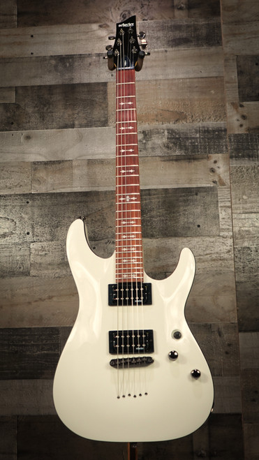 Schecter Omen-6 Electric Guitar in Vintage White finish - B-Stock model featuring dual humbuckers, black hardware, and classic double-cutaway body