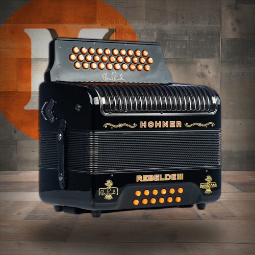 Hohner Rebelde III Black GCF Button Accordion Celso Limited Edition Signature Series Collection w/ Gig Bag & Straps (REBELDE III GCF BK) | Musician Madness
