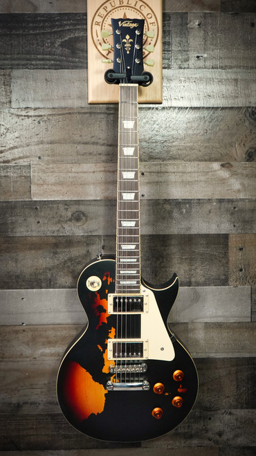 Vintage V100 ICON Electric Guitar ~ Distressed Black Over Sunburst Electric Guitar Used