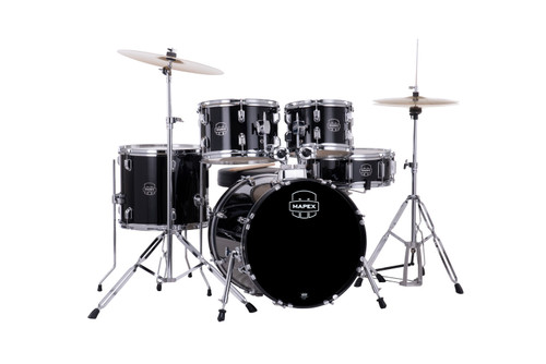 The Mapex Comet CM5844FTCDK 5-Piece Complete Drum Set features durable poplar shells with an 18" bass drum for compact, punchy tone. The Dark Black finish offers a sleek modern look, and the kit includes matching hardware, cymbals, throne, and pedalsÃ¢â‚¬â€everything a new drummer needs to start playing immediately. Perfect for students, practice environments, and smaller performance spaces.