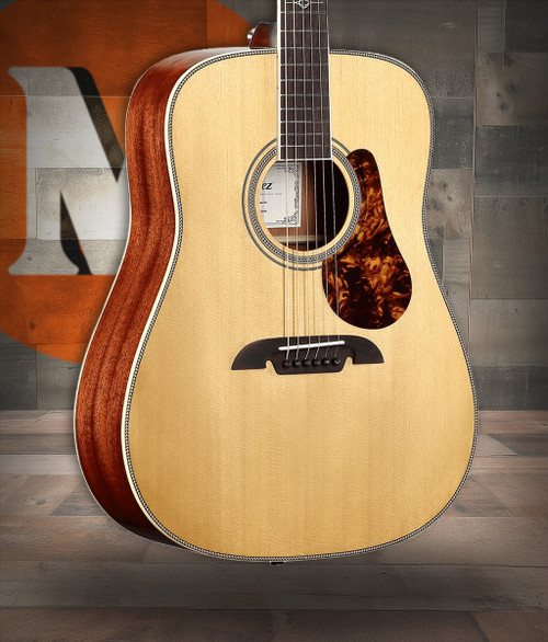 Alvarez MD60 Herringbone Masterworks dreadnought acoustic guitar featuring an all-solid wood build, herringbone binding, powerful projection, warm tonal character, and classic vintage-inspired design.