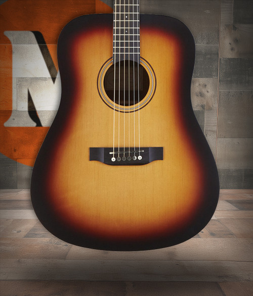 The Austin AA25DSSB Acoustic Dreadnought features a full-size body that delivers strong projection and warm acoustic tone. The satin sunburst finish gives it a classic look with a smooth, comfortable feel. Designed with beginner-friendly playability, i-s a great choice for new players, students, and anyone looking for an affordable, reliable acoustic guitar.