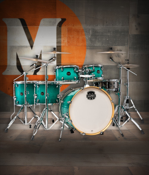 Mapex Armory Series Studioease Shell Pack in Jade Stone Burst featuring hybrid maple/birch shells, fast tom sizes, SONIClear bearing edges, and punchy modern tone suited for versatile drummers.