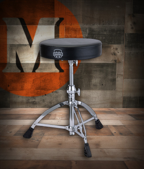 Mapex T660 Round Seat Top Drum Throne with Threaded Spindle â€“ adjustable drum seat with padded round cushion, threaded height control, and double-braced chrome legs