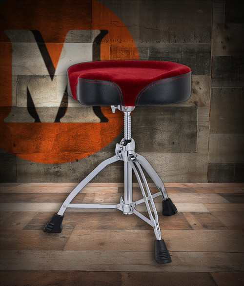 Mapex T865SER Double-Braced 3-Leg Drum Throne with Red Cloth Saddle Cushion â€“ comfortable adjustable seat with contoured saddle top, threaded spindle, and sturdy chrome base