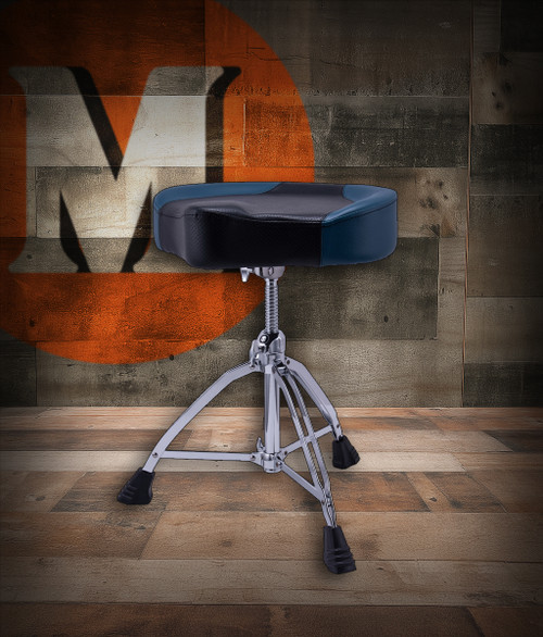 Mapex T855BL Double-Braced 3-Leg Drum Throne with Blue Leather Breathable Saddle Cushion â€“ ergonomic drum seat with adjustable threaded spindle and reinforced chrome base