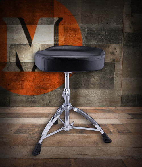 Mapex T675A Saddle Style Drum Throne â€“ adjustable saddle-style seat with tube spindle height adjustment, padded cushion, and double-braced chrome legs for comfort and stability