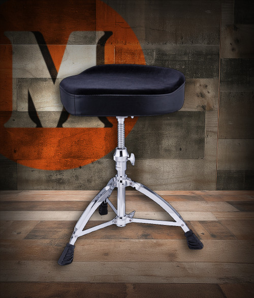 Mapex T685 Saddle Style Drum Throne with Black Cloth Top and Threaded Spindle – ergonomic adjustable drum seat with padded saddle cushion, smooth spindle height control, and chrome base
