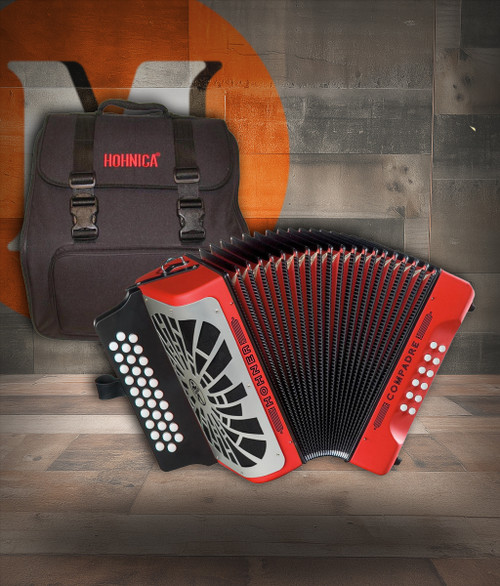 Hohner COER-N Compadre EAD Accordion in Red with silver grille, diatonic button layout, and included gig bag.