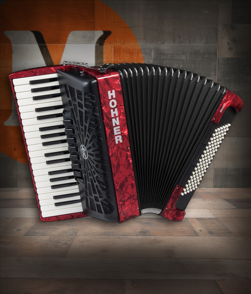 Hohner BR96RED Bravo III 96 Piano Accordion in Pearl Red finish with 37 treble keys and 96 bass buttons.
