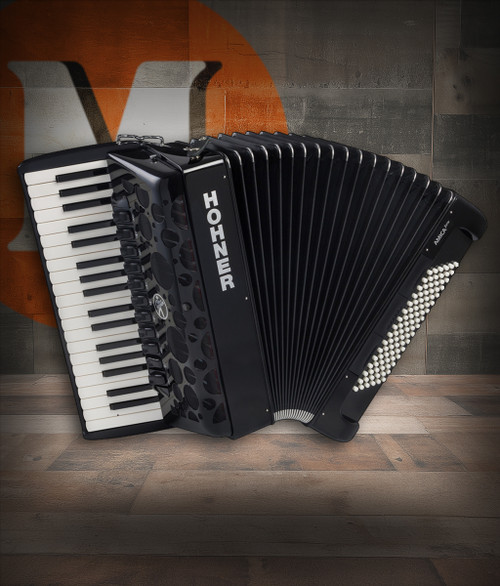 Hohner Amica Forte IV 96 Piano Accordion in Jet Black finish with 37 treble keys and 96 bass buttons.