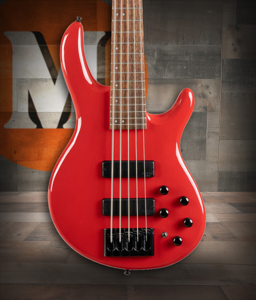 Cort C5DELUXECRD Artisan Series C5 Deluxe 5-String Bass Guitar in Candy Red finish with Bartolini pickups and active EQ.
