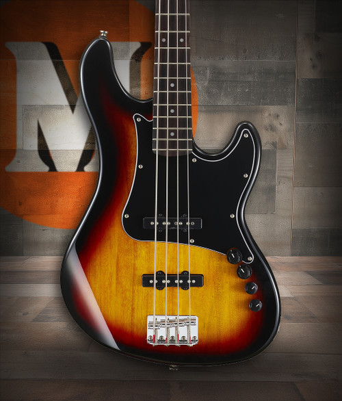 Cort GB34JJ3TS GB Series 4-String Bass Guitar in 3 Tone Sunburst finish with dual J-style pickups and active 2-band EQ.