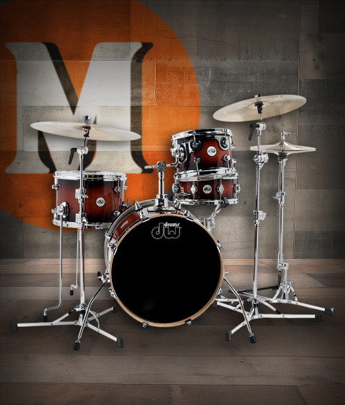 DW Design Mini Pro 4-Piece Drum Set in Tobacco Burst finish featuring 18" bass drum, maple shells, and compact professional design â€“ available at Musician Madness.