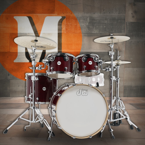 DW Design Series 4-Piece Maple Shell Pack in Cherry Stain finish with chrome hardware featuring maple shells, professional tone, and classic DW craftsmanship â€“ available at Musician Madness.