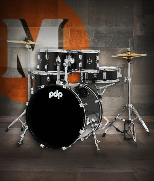 PDP PDCE2015KTIB Centerstage 5-Piece Drum Set in Iridescent Black finish with hardware, cymbals, and throne featuring poplar shells and everything needed to start drumming - available at Musician Madness.
