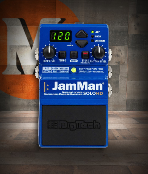 Digitech JAMMAN-SOLO-HD Compact Stereo Looper Pedal featuring rugged metal housing, intuitive controls, and stereo in/outâ€”ideal for live looping and recording.