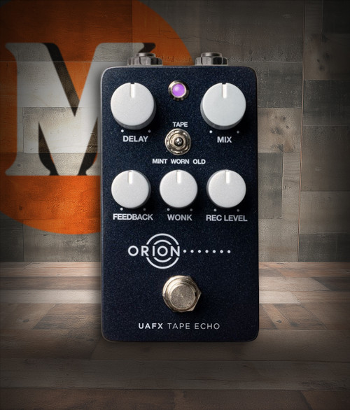 UA ORION-ECHO Compact Tape Echo Pedal featuring dual footswitches, classic analog-style controls, and studio-grade tape echo emulation in a compact UAFX housing.