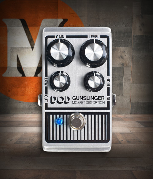Digitech DOD-GUNSLINGER Mosfet Distortion Pedal featuring rugged silver housing, dual-level controls, and warm tube-like distortion perfect for modern rock and metal tones.