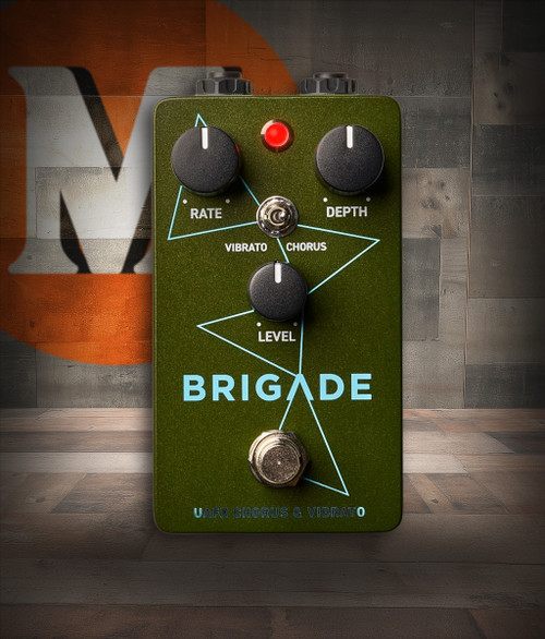 Universal Audio BRIGADE Chorus & Vibrato Pedal featuring compact UAFX design, analog-style controls, and lush modulation for rich chorus and expressive vibrato tones.