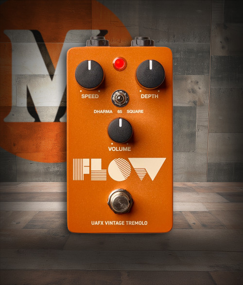 Universal Audio FLOW Vintage Tremolo Pedal featuring compact UAFX design, vintage-inspired controls, and tube-style amplitude modulation for smooth, classic tremolo tones.
