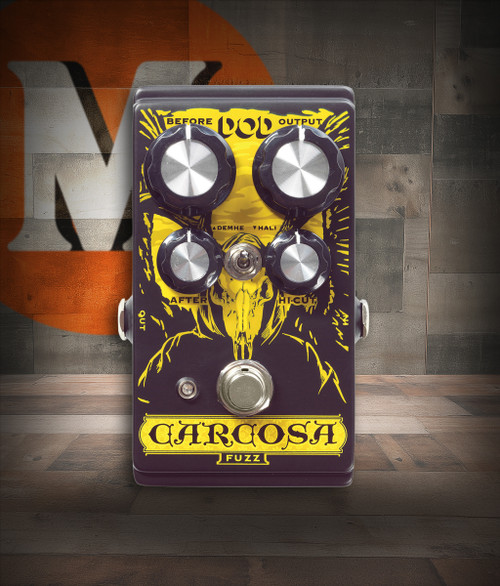 Digitech DOD-CARCOSA Carcosa Analog Fuzz Pedal featuring sleek black and gold design, dual level controls, and switchable modes for classic and modern fuzz textures.