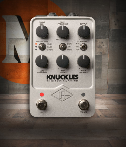 Universal Audio UA-KNUCKLES Knuckles â€˜92 Dual Rec Amplifier Emulation Pedal featuring dual footswitches, rugged UAFX housing, and aggressive high-gain amp modeling.