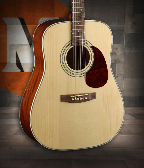 Cort EARTH70OP Earth Series Dreadnought Acoustic Guitar featuring solid spruce top, mahogany back and sides, and an open pore finish for natural tone and classic aesthetics.