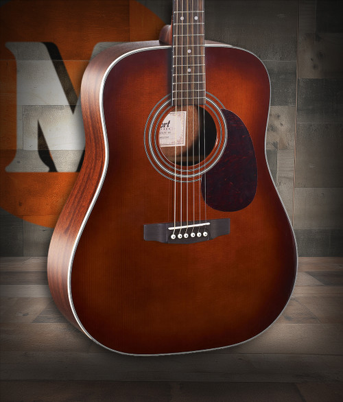 Cort EARTH70BR Earth Series Dreadnought Acoustic Guitar featuring a solid spruce top, mahogany back and sides, and a smooth brown gloss finish for warm, resonant tone.