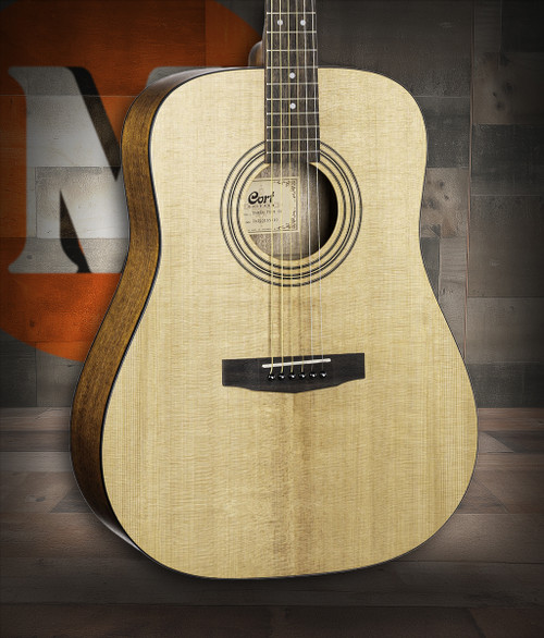 Cort EARTHPACKOP Earth Series Acoustic Guitar Starter Pack featuring an open pore dreadnought guitar with gig bag, tuner, and accessoriesâ€”ideal for beginner players.