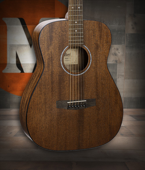 Cort AF510MOP Standard Series Acoustic Concert Guitar featuring an all-mahogany body with open pore finish for warm, natural tone and easy playability.