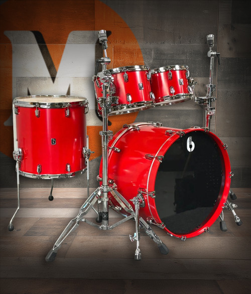 British Drum Co. ENG-22-CB-SSC Enigma Series Club Kit in Satin Scarlett finish featuring 12", 16", and 22" shells crafted with precision for rich tone and striking appearance.