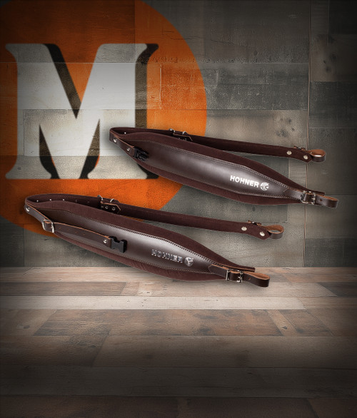 Hohner ACC19-BRN/BRN 44" x 4" Leather & Velvet Accordion Straps X-Large with back strap featuring brown leather, soft velvet lining, and adjustable length for lasting comfort.