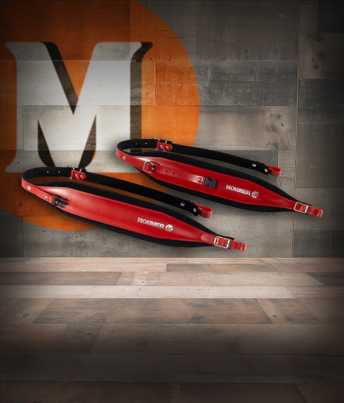 Hohner ACC21-RED/BLK 44" x 4" Leather & Velvet Accordion Straps X-Large with back strap featuring red leather exterior, black velvet padding, and adjustable fit for premium comfort.