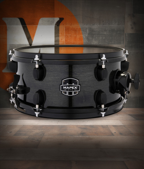 Mapex MPX Maple/Poplar Hybrid 12" x 6" Side Snare Drum â€“ Trans Midnight Black (MPNMP2600BMB) featuring a maple/poplar hybrid shell and tight, punchy tone with elegant black finish.