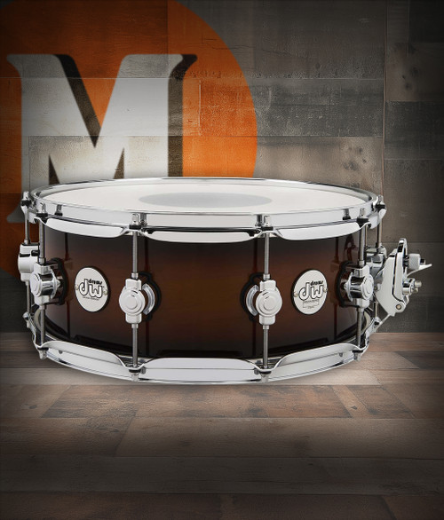 DW Design Series 14" x 5.5" Maple Snare Drum â€“ Tobacco Burst (DDLG5514SSTB) featuring a 10-ply maple shell, chrome hardware, and rich tone with smooth response and classic DW design.