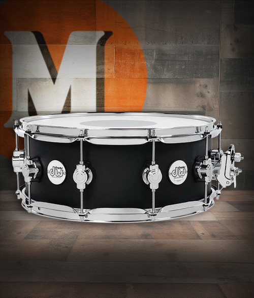 DW Design Series 14" x 5.5" Snare Drum â€“ Black Satin (DDLM5514SSBL) featuring a 10-ply maple shell with balanced tone, sleek satin finish, and chrome hardware for modern performance.