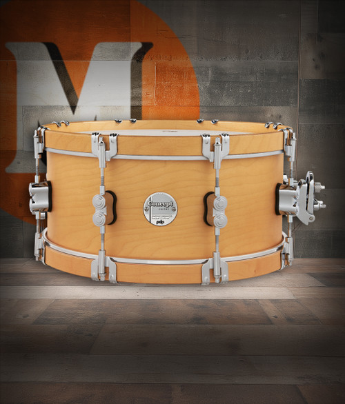 PDP Concept Classic 6.5x14 Snare Drum in Natural Stain finish with matching wood hoops and maple shell, delivering warm, vintage-inspired tone.