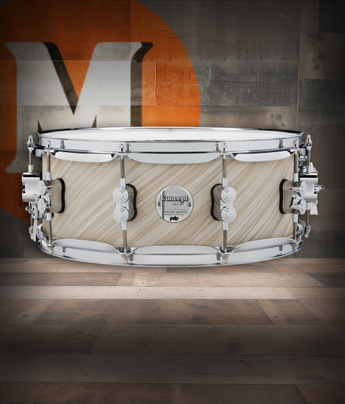 PDP Concept Maple 5.5x14 Snare Drum in Twisted Ivory FinishPly with maple shell and chrome hardware, offering rich tone and unique textured finish.