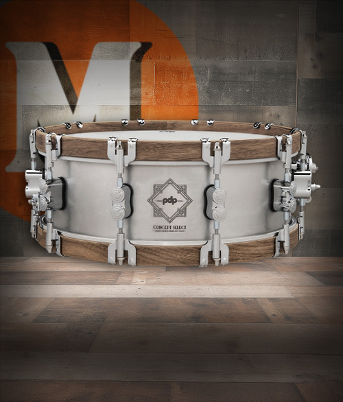 PDP Concept Select snare, 5x14 snare drum, 3mm aluminum snare, walnut wood hoops, PDP snare drum, DW Concept Select, aluminum snare drum, Musician Madness