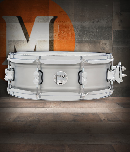 PDP Concept Series 5x14 Snare Drum in Natural Satin Brushed Aluminum with 1.2mm shell and chrome hardware, offering bright attack and modern appearance.